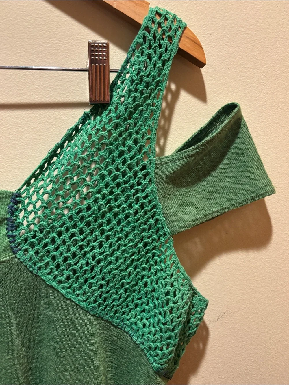 Free People Green Cold-Shoulder Knit Tank with Crochet Straps